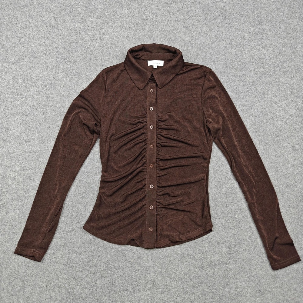 Bohme Shirt Womens Small Brown Ruched Button Front Long Sleeve Stretch Knit‎ Top
